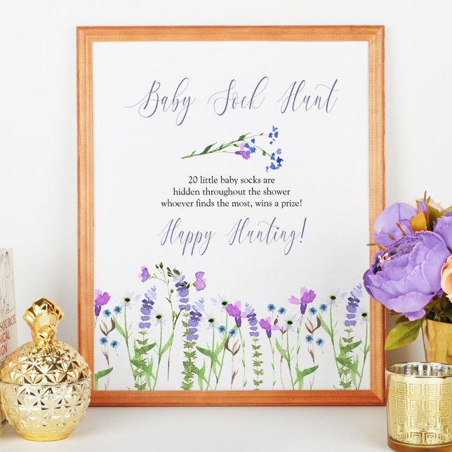 Baby Sock Hunt Purple Wildflower Baby Shower Game Poster (Baby Shower game sign from my Purple Wildflower Collection. Order printed or as a printable)