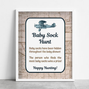 Baby Sock Hunt Shower Game Vintage Aeroplane Trave Poster