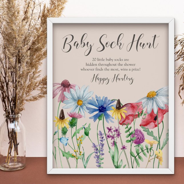 Baby Sock Hunt Wildflower Baby Shower Game Poster (Baby Sock Hunt baby shower game sign from my Wildflower Charm collection)