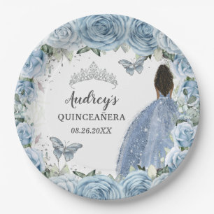 Baby Soft Blue Floral Butterflies Brown Princess Paper Plate