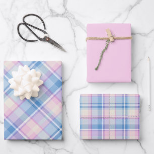 Baby Soft Pink, Blue, Cream & White Plaid Wrapping Paper Sheet