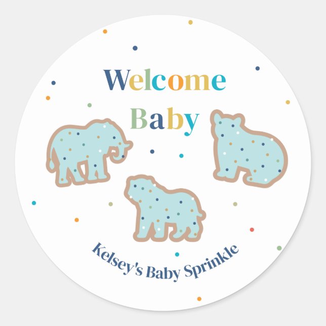 Baby Sprinkle Animal Cookies Boy Baby Shower Classic Round Sticker (Front)
