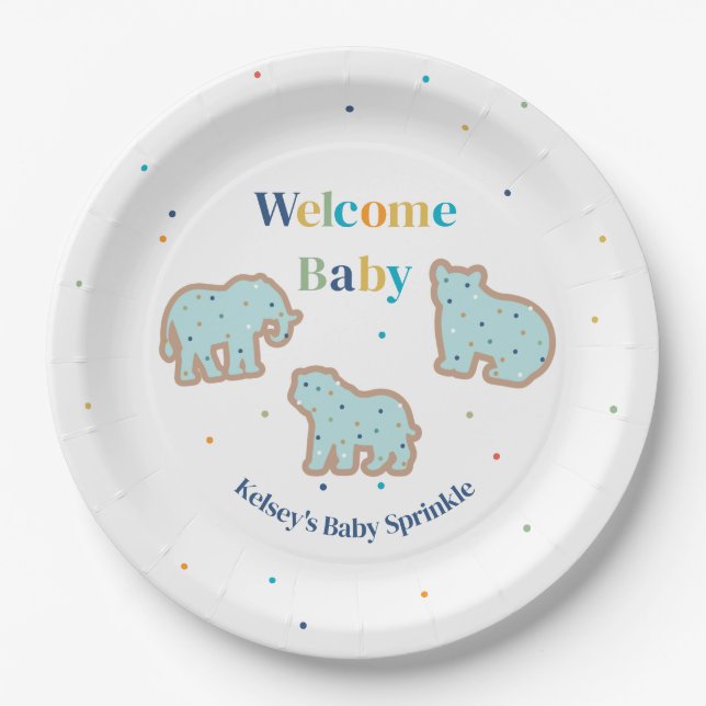 Baby Sprinkle Animal Cookies Boy Baby Shower Paper Plate (Front)