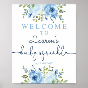 Baby Sprinkle boy welcome sign, floral blue Poster