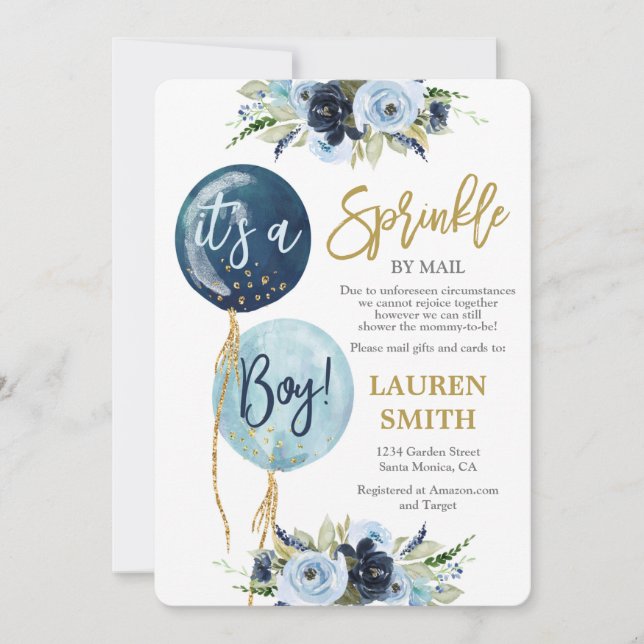 Baby Sprinkle by Mail Navy blue balloon shower boy Invitation (Front)