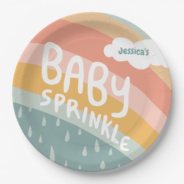 BABY SPRINKLE Cute Clouds Rainbow Rain  Custom Paper Plate (Front)