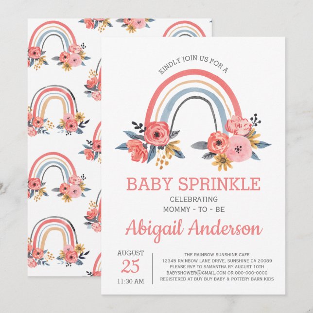 Baby Sprinkle Floral Blush Pink Rainbow Stylish Invitation (Front/Back)