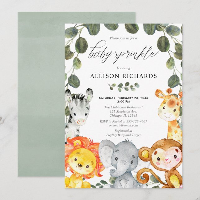 Baby sprinkle gender neutral cute animals greenery invitation (Front/Back)