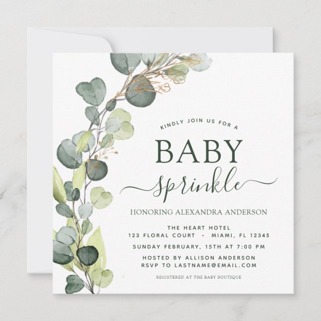 Baby Sprinkle Greenery Eucalyptus Succulent Invitation (Front)