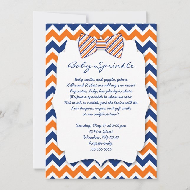 Baby Sprinkle navy orange Bow tie baby shower Invitation (Front)