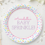 Baby Sprinkle Paper Plate with Pink Outline<br><div class="desc">Sprinkles on the outside with a white background and inside pink border. Text is fully custom and you can change the font colour. Also available with a blue inside border (for boys).</div>