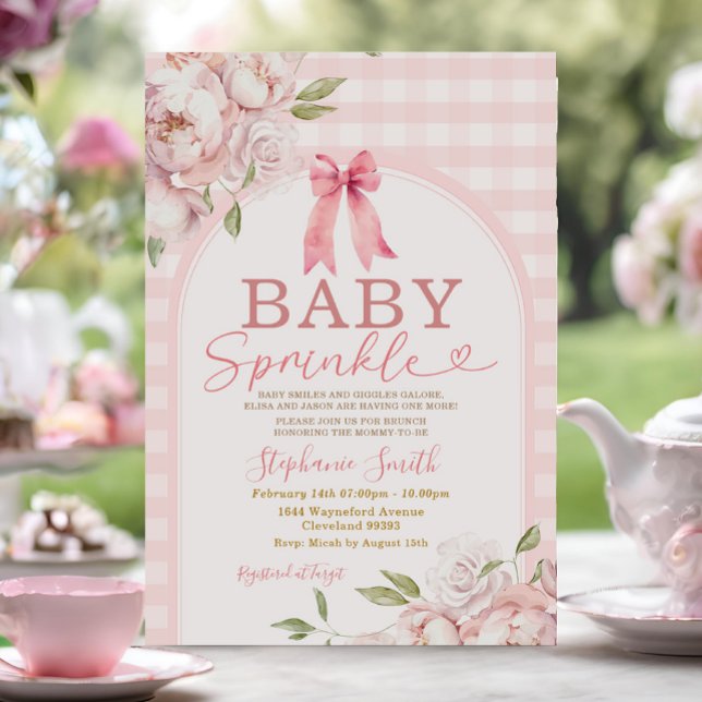 Baby Sprinkle Pink Gingham Floral Arch Baby Shower Invitation (Creator Uploaded)