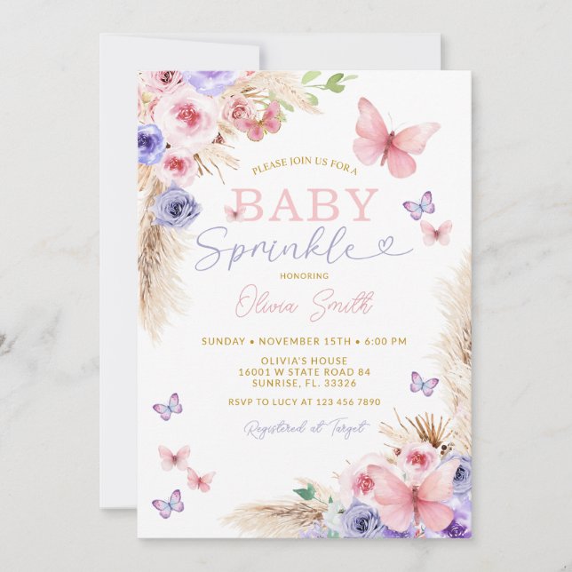 Baby Sprinkle Pink Purple Butterflies Invitation (Front)