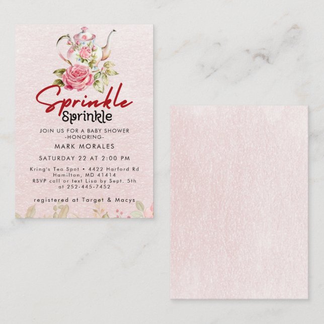 Baby Sprinkle Pink Tea Party Watercolor Enclosure Card (Front/Back)