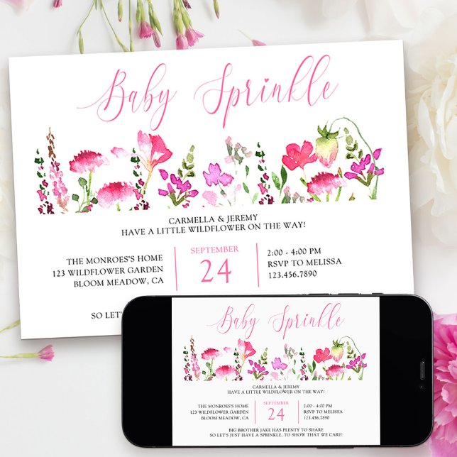 Baby Sprinkle Pretty Pink Wildflower Invitation (Baby Sprinkle Little Wildfower Baby Shower Invitation from my Pink Wildflower Collection)