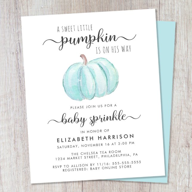 Baby Sprinkle Pumpkin Blue Watercolor Invitation (Celebrate the upcoming arrival of your little autumn baby boy with a pumpkin-themed baby sprinkle)