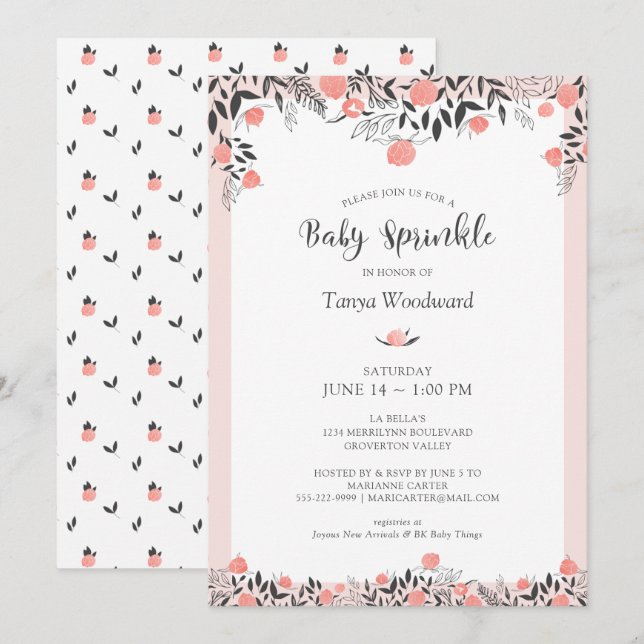 Baby Sprinkle Rose Gold Blush Pink Grey Floral Invitation (Front/Back)