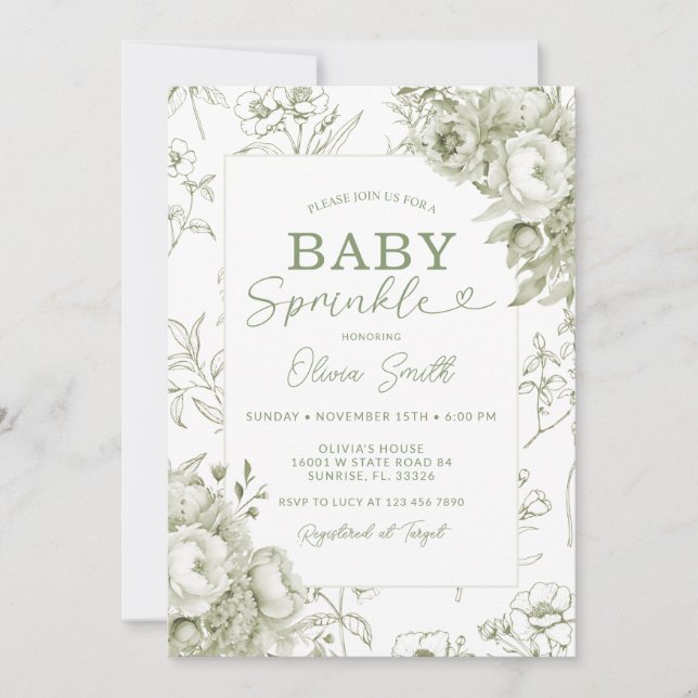 Baby Sprinkle Sage Floral Vintage Chinoiserie Invitation (Front)