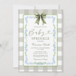 Baby Sprinkle Sage Gingham Floral Bow Invitation