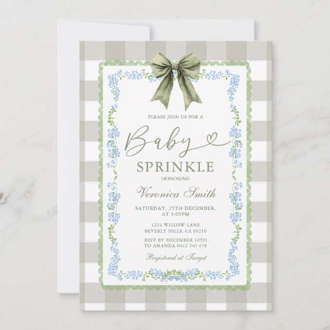 Baby Sprinkle Sage Gingham Floral Bow Invitation  (Front)