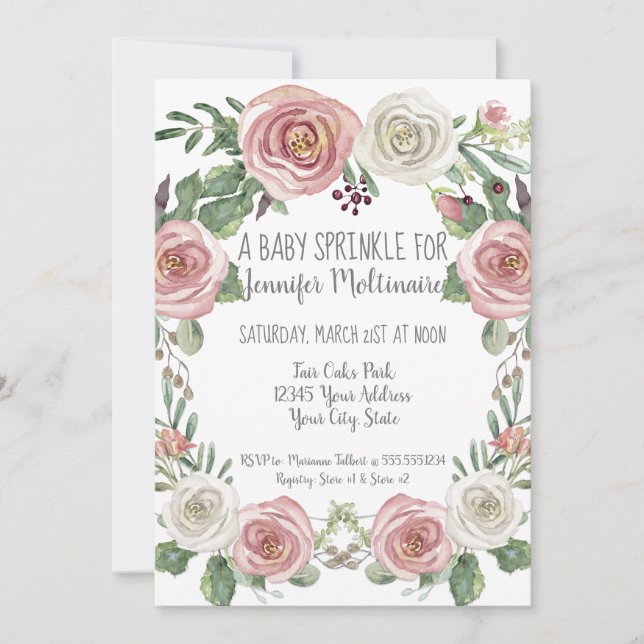 Baby Sprinkle Shower Pastel Pink White Rose Floral Invitation (Front)