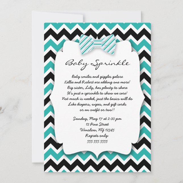 Baby Sprinkle Teal Green Black Bowtie baby shower Invitation (Front)