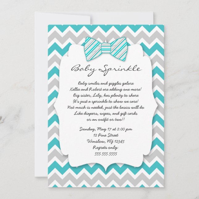 Baby Sprinkle Turquoise grey Bow tie baby shower Invitation (Front)