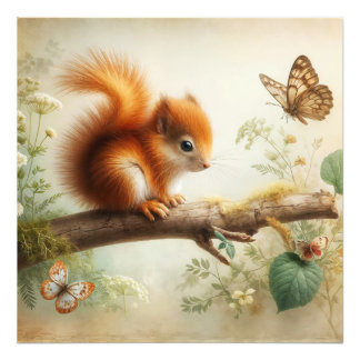 Baby Squirrel and Butterflies Print