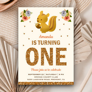 Baby Squirrel Girls Woodland Floral First Birthday Invitation