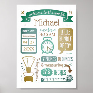 Baby Stats Birth Announcement Tan Teal Turquoise Poster