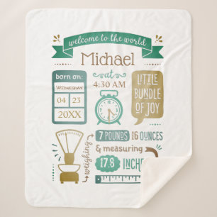 Baby Stats Birth Announcement Tan Teal Turquoise Sherpa Blanket