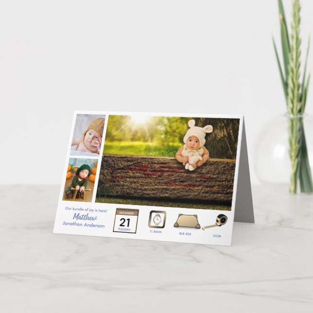 Baby STATS BOYs BIRTH ANNOUNCEMENT PHOTO COLLAGE (Front)