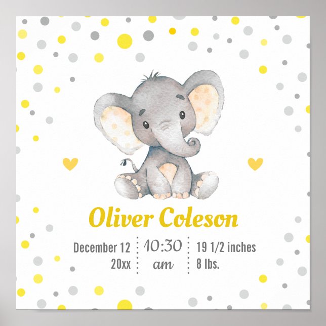 Baby Stats Elephant Yellow Grey Polka Dot Nursery Poster (Front)