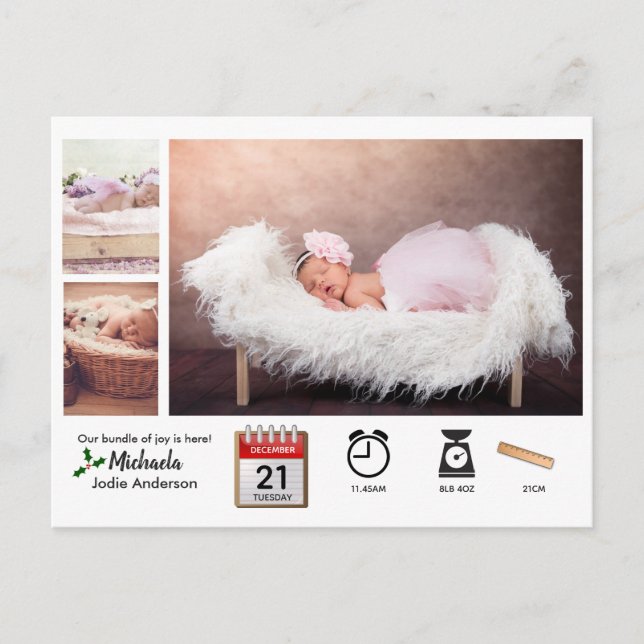 BABY STATS ICONS and PHOTO XMAS Birth Announcement Postcard (Front)