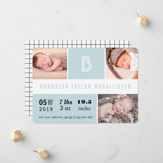 Baby Stats Monogram Blue Colour Blocks Photo Birth Announcement (Front/Back In Situ)