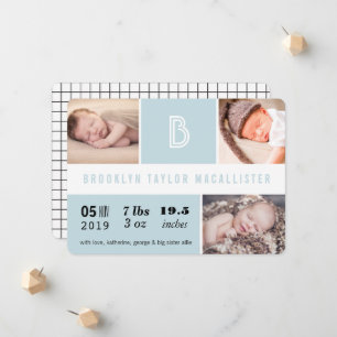 Baby Stats Monogram Blue Colour Blocks Photo Birth Announcement
