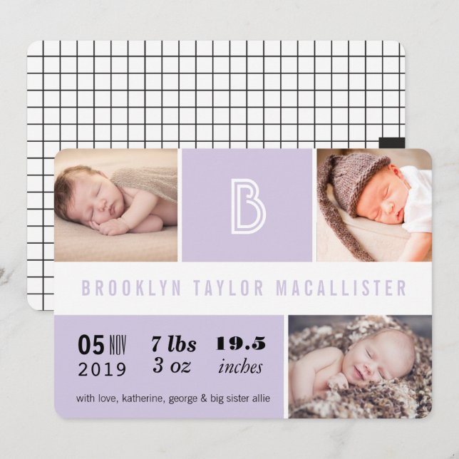 Baby Stats Monogram Purple Colour Block Photo Birt Announcement (Front/Back)