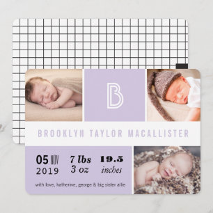Baby Stats Monogram Purple Colour Block Photo Birt Announcement