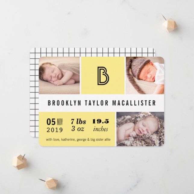 Baby Stats Monogram Yellow Colour Block Photo Birt Announcement (Front/Back In Situ)