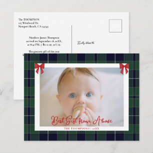 Baby Stats Red Bows Green Plaid Photo Christmas Holiday Postcard