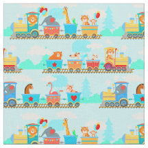 Baby Steam Engine Animals Train on Blue Fabric