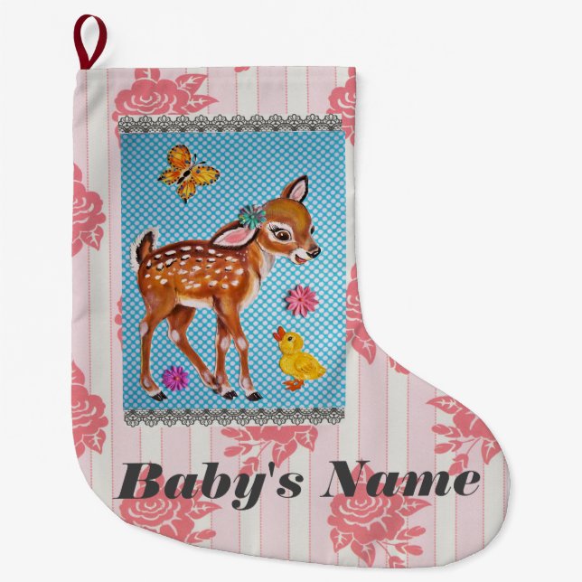 Baby Stocking Shabby Vintage Pink Fawn Personalise (Front)