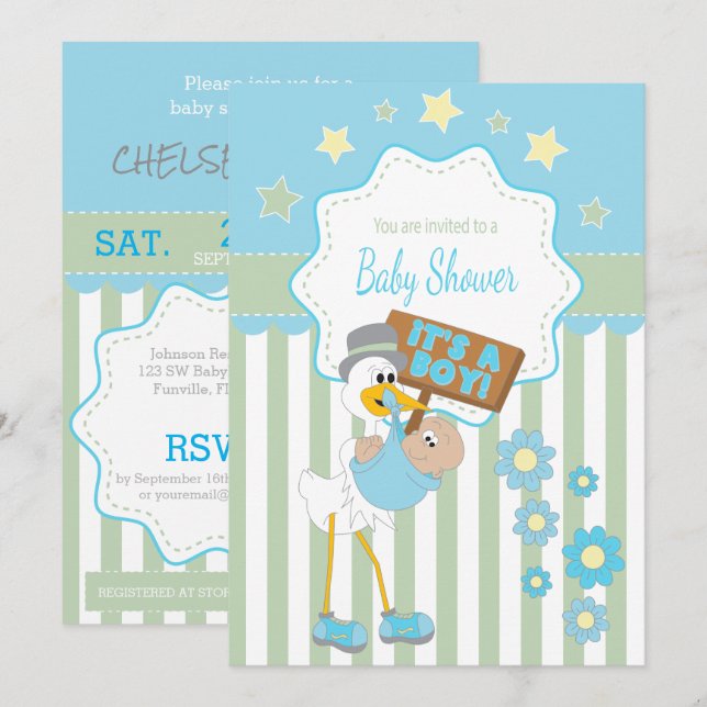 Baby Stork Baby Boy Shower Invitation (Front/Back)