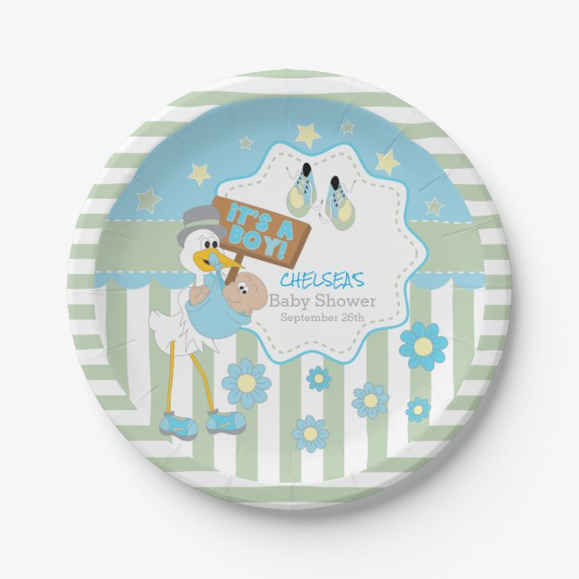 Baby Stork Baby Boy Shower Paper Plate (Front)