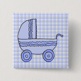 Baby Stroller. Light Blue on Check Pattern. 15 Cm Square Badge