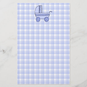 Baby Stroller. Light Blue on Check Pattern. Stationery