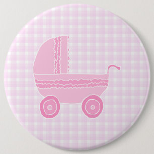 Baby Stroller. Light Pink on Pink Gingham. 6 Cm Round Badge