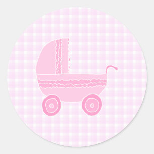 Baby Stroller. Light Pink on Pink Gingham. Classic Round Sticker