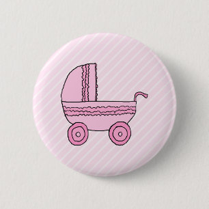 Baby Stroller. Pink on Light Pink Stripes. 6 Cm Round Badge