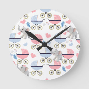 Baby Stroller Stork Elephant Blue & Pink Clock